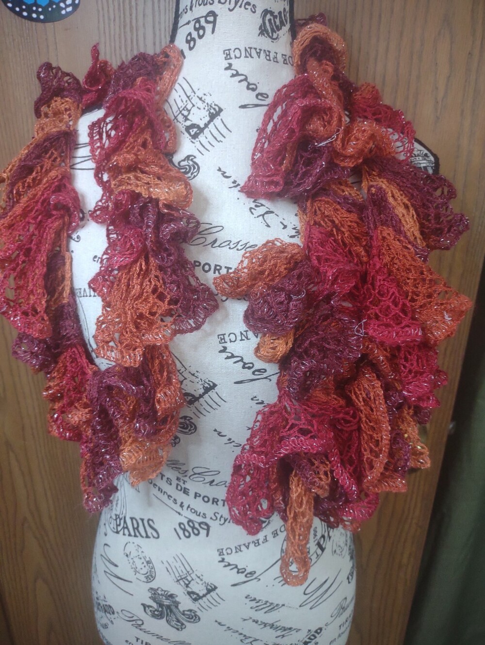 Autumn Ruffled Crochet Scarf - Multi Red and Orange - Picture 4 of 5